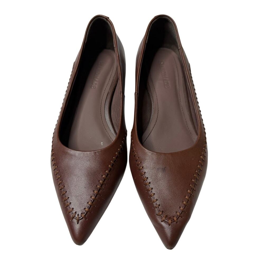 Handmade Brown Leather Pointed Toe Flats Size 6.5 (230) Whipstitch Low Heel